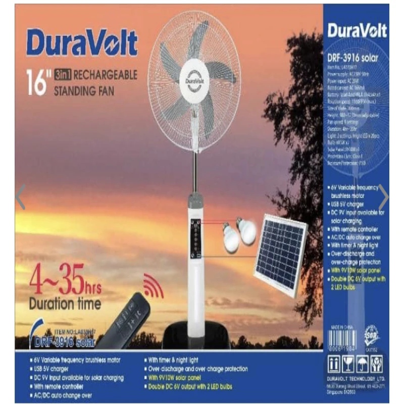 DURAVOLT SOLAR RECHARGABLE FAN