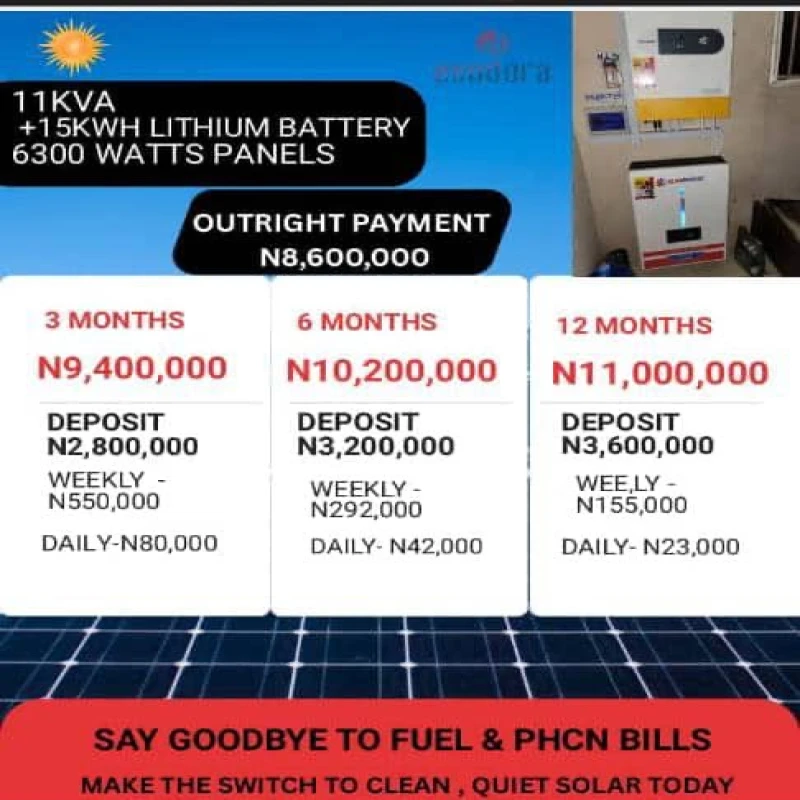 11KVA+ 15KWH LITHIUM BATTERY + 630watts panels